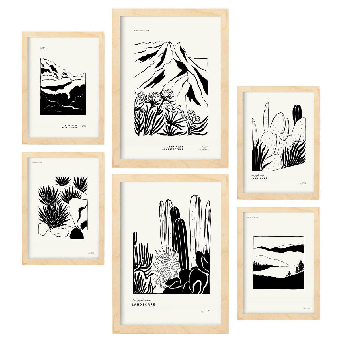 POSTER Set Mit 6 Schwarze Tintenecken Größe A3 & A4 Rahmen aus hellem Holz - Beige, Papier (29.7/1cm) - Nacnic