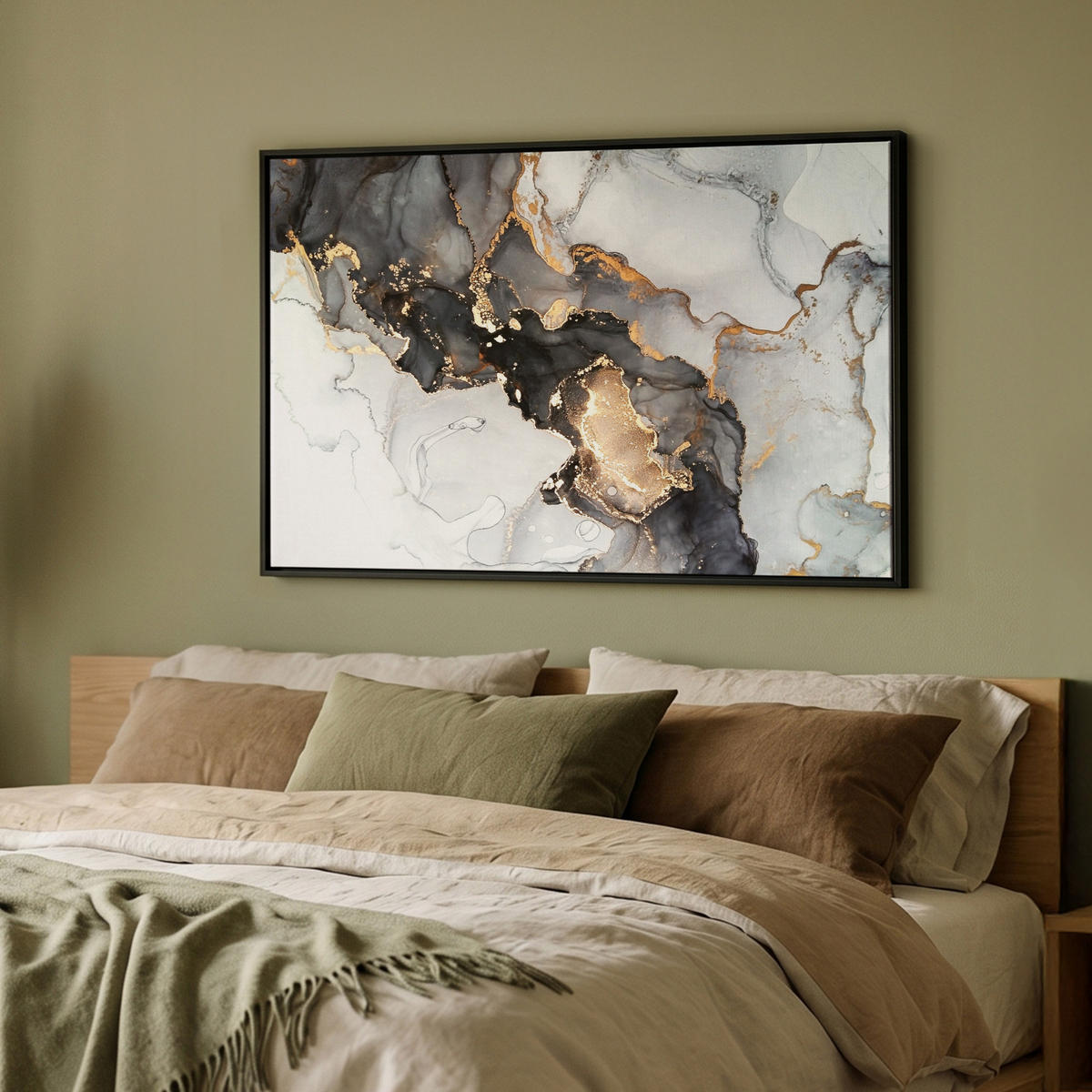 LEINWAND Bilder mit Rahmen - Marmor - Schwarz - Weiß - Gold - Luxus - Abstrakt - 90x60 - Goldfarben, Textil (90/60cm) - MuchoWow