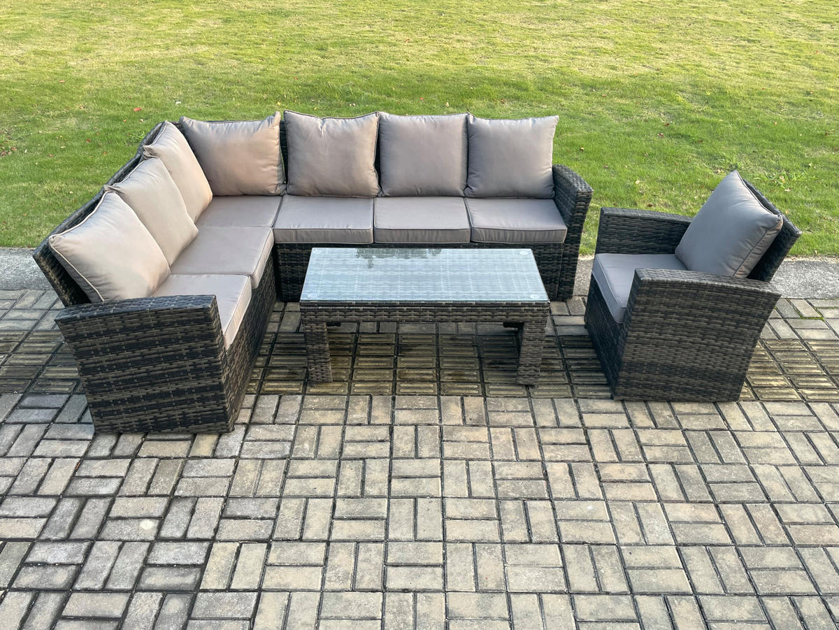 BALKONMÖBEL-SETS mit Ecksofa,Länglicher Couchtisch,Stuhl Polyrattan Dunkelgrau 7-Sitzer - Dunkelgrau/Grau, Glas/Kunststoff - Fimous