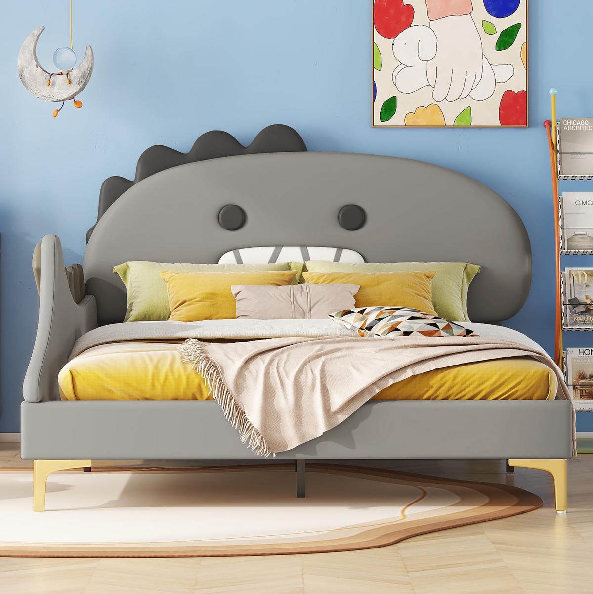KINDERBETT 140/200 cm Grau aus PU im Dinosaurier-Design - Grau, Leder (140/200cm) - Flora Grace