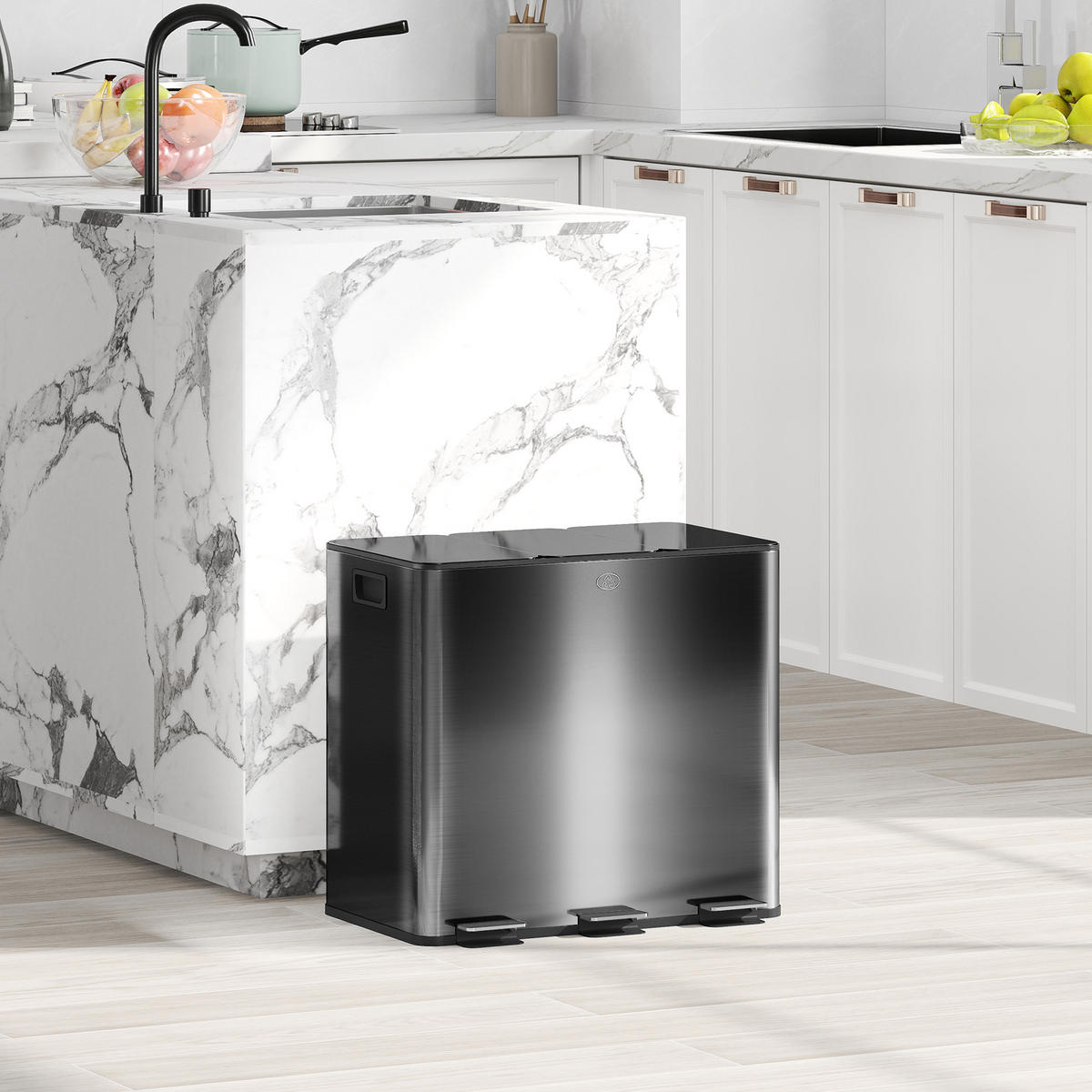 MÜLLEIMER 3x20L Abfalleimer aus Edelstahl mit Softclose Deckel Deodorant-Fächern - Anthrazit, Metall (36.6/43.2/61.9cm) - HOMCOM