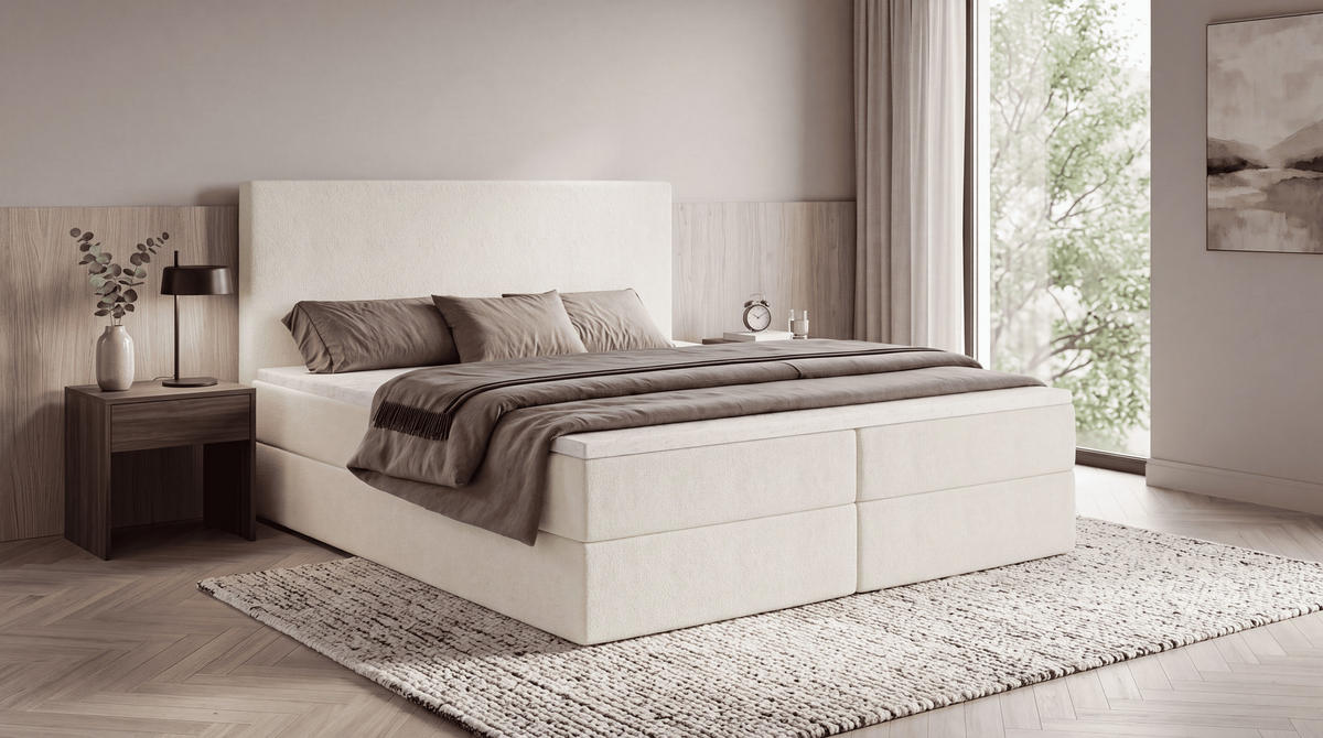 BOXBETT SENTO 140x200 cm mit Bettkasten, Bonell-Matratze H3 und Topper – Bouclé Creme - Creme, Textil (140/200cm) - Luxkor24