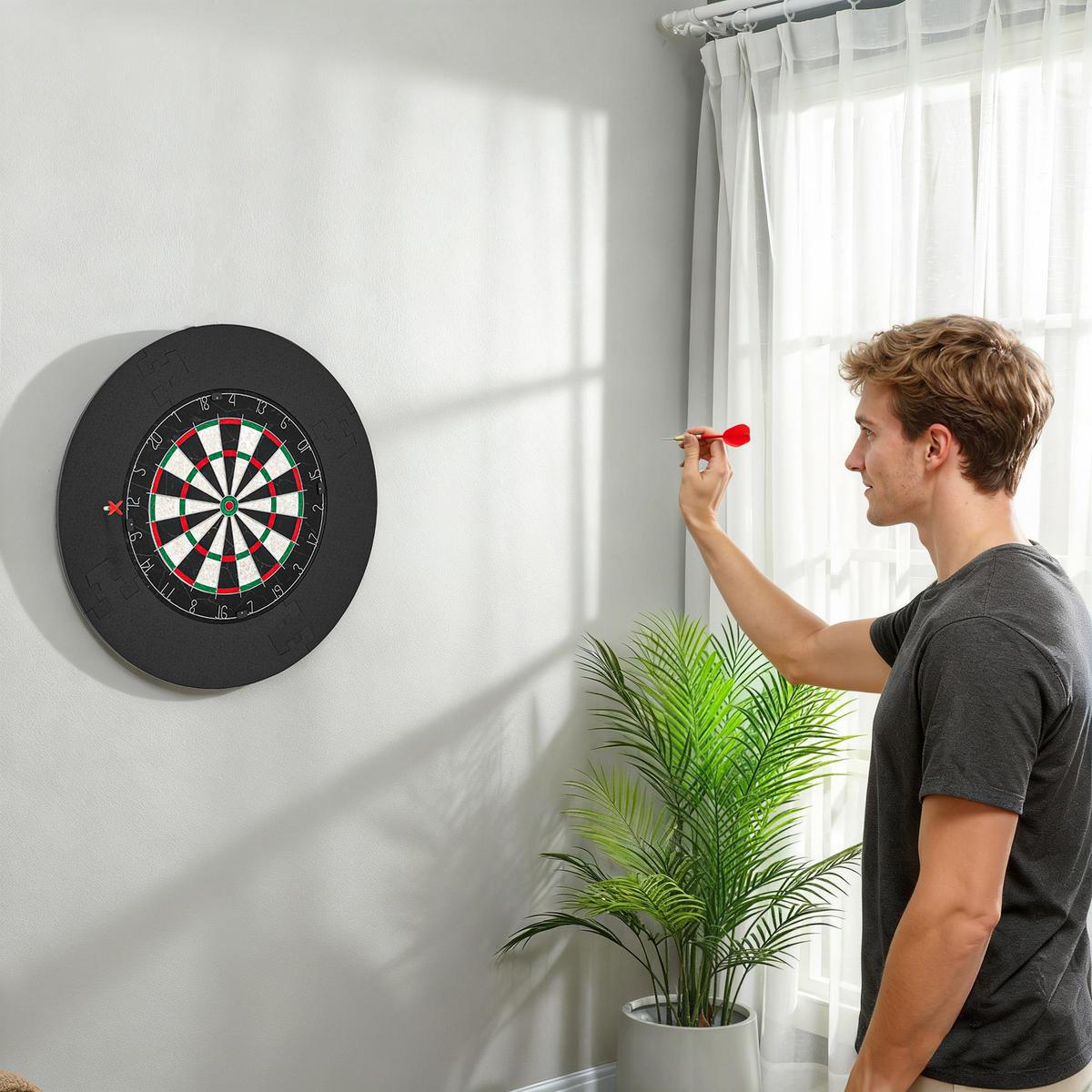DARTSCHEIBE DE-10828 mit Schutzring & 6 Stahlspitzen-Darts Schwarz - Schwarz, Kunststoff (71.5/71.5cm) - ComfortXL
