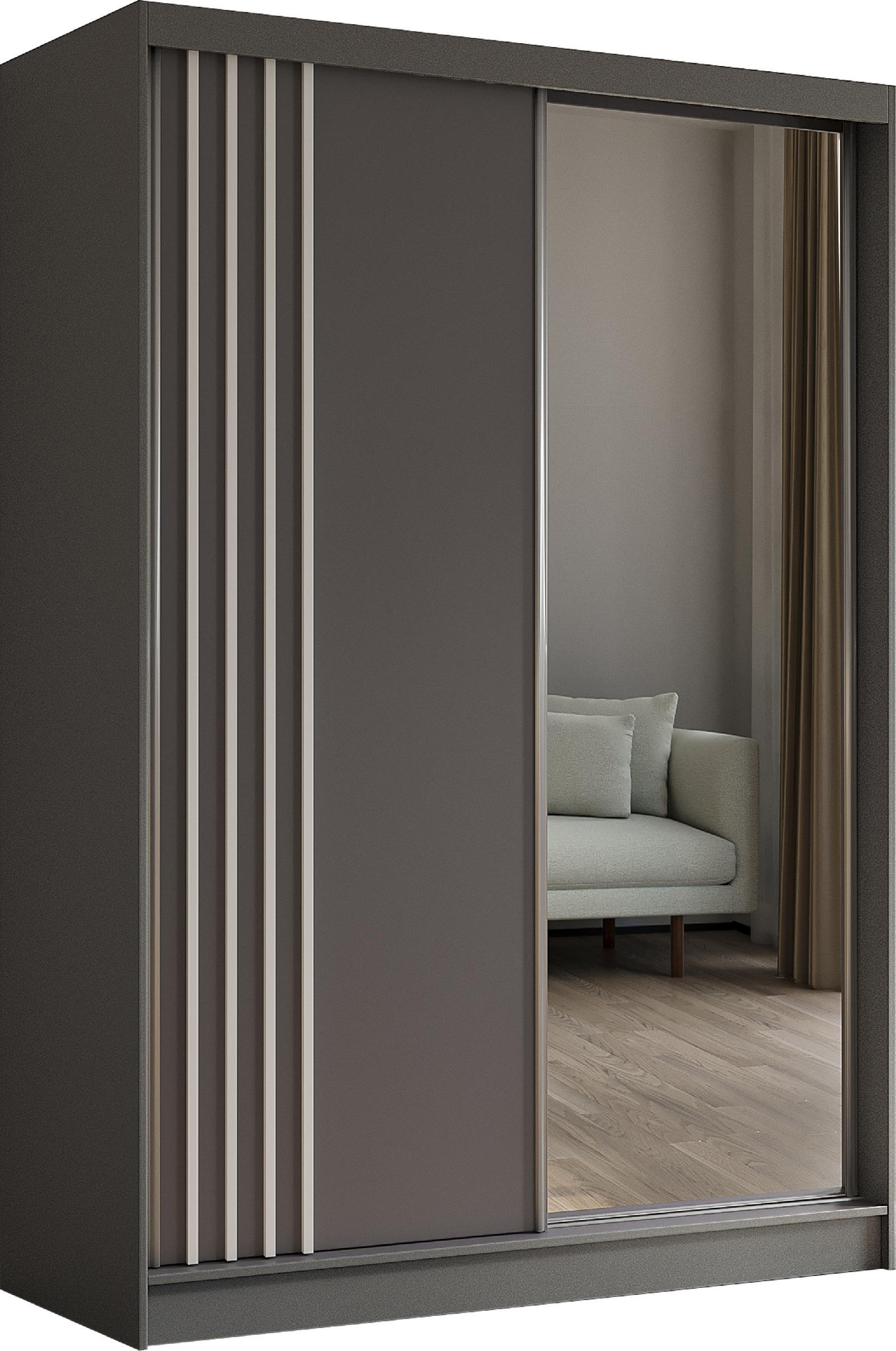 SCHWEBETÜRENSCHRANK Neli 150 cm mit Lamellen und Spiegel 2-türig, grau, grau, Lamelle weiß - Weiß/Grau, Kunststoff (150/216/61cm) - Margaret Hadas24