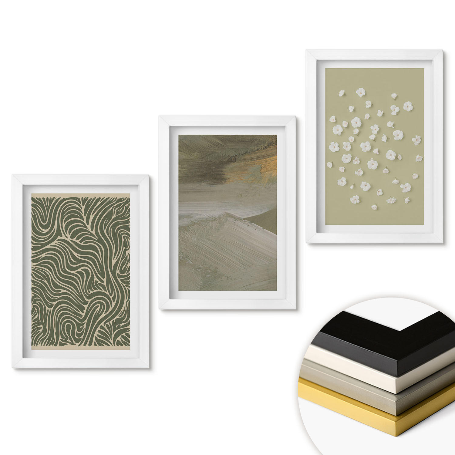 WANDBILDER 3er-Set - 20x30 cm Weißer Rahmen - Abstrakte florale Wellenmuster - Weiß, Kunststoff (20/30cm) - ArtPrintCave