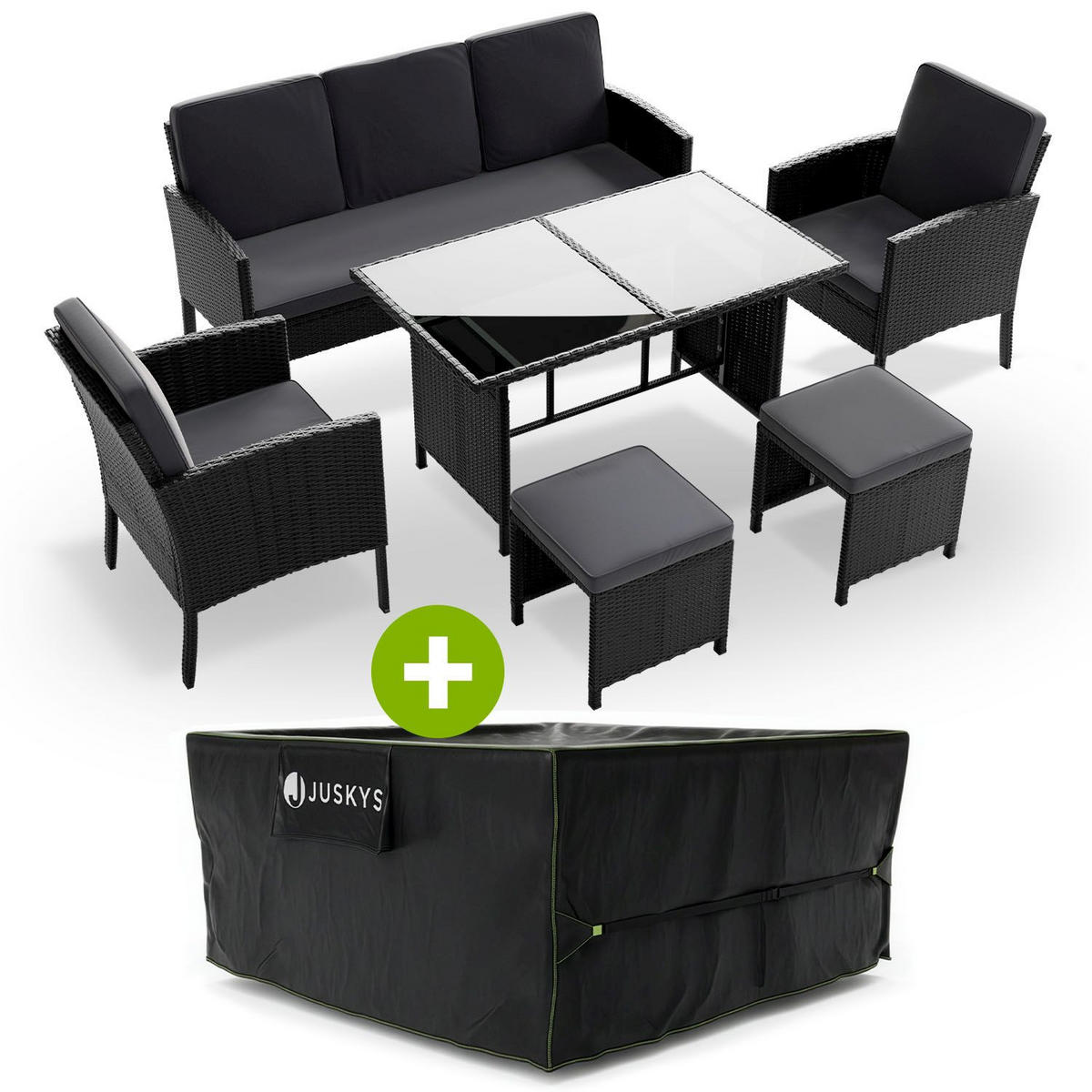 SITZGRUPPE Turin schwarz Polyrattan inkl. Abdeckung - Schwarz, Kunststoff - Juskys