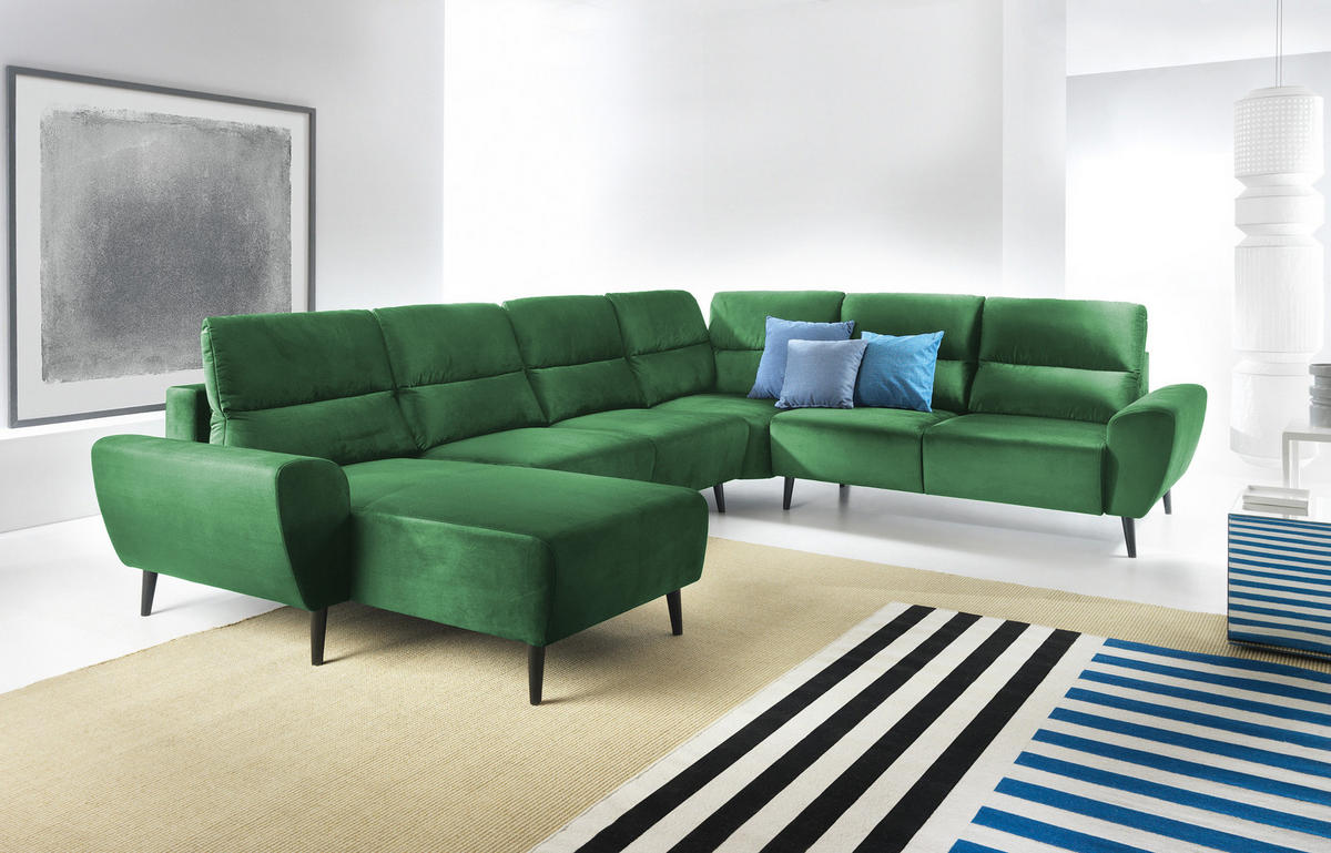 ECKSOFA BOSCO U-Form, Monolith-Stoff, Freistehend, mit verstellbaren Kopfstützen, Sofa für Familien, Größe: 340x270x98cm, Farbe: Grün - Grün, Holz/Textil (270/340cm) - DomoHome