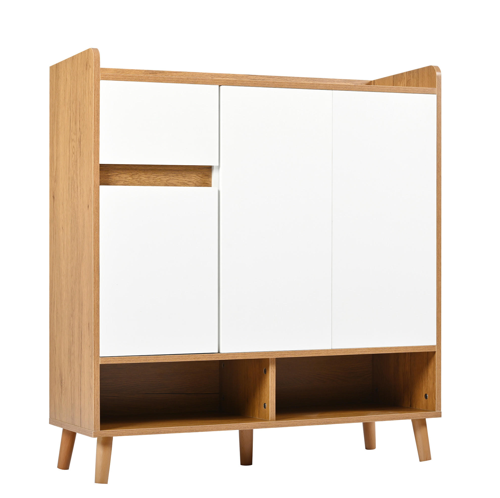 Modfu BOTNÍK z dřevotřísky 90x35x99 cm bílý/přírodní s nastavitelnými policemi a zásuvkou
