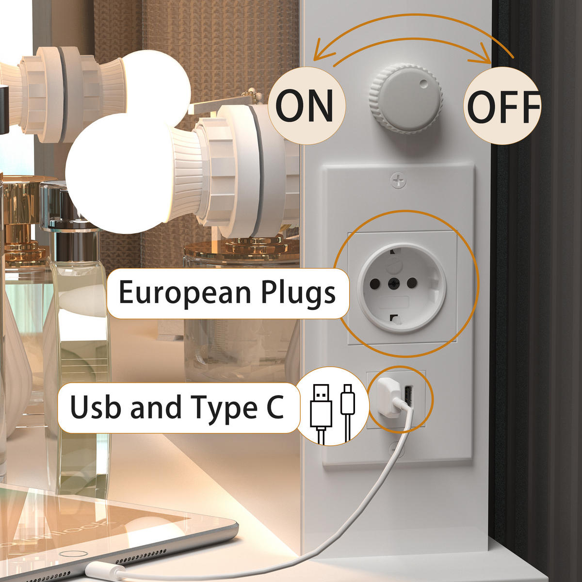 SCHMINKTISCH 100/40/75 cm weiß mit 6 LED-Leuchten höhenverstellbar - Weiß, Holzwerkstoff (125/40/80cm) - OKWISH