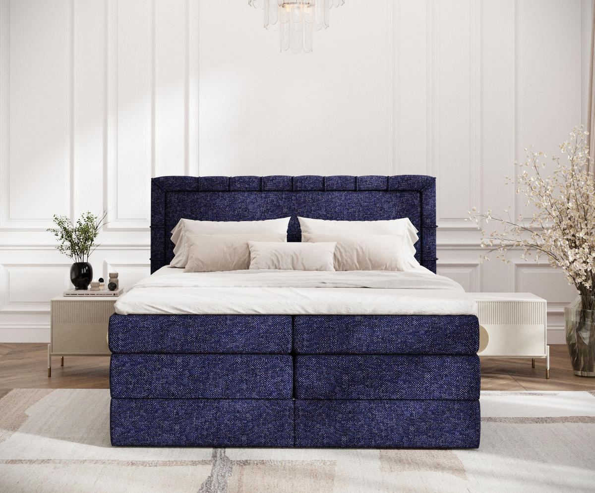 BOXSPRINGBETT Rosabel Marineblau 140/200 cm mit Matratze und Topper - Schwarz/Dunkelblau, Holz/Holzwerkstoff (140/200cm) - Maison de Reve