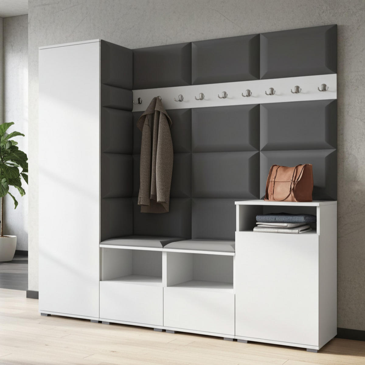 GARDEROBE NELA X 200 cm (Modulare Flurmöbel Weiß mit Sitzpolster Dunkelgrau 15 Schrank + Sidelboard) - Dunkelgrau/Silberfarben, Holz/Holzwerkstoff (200/187/40cm) - Ravio