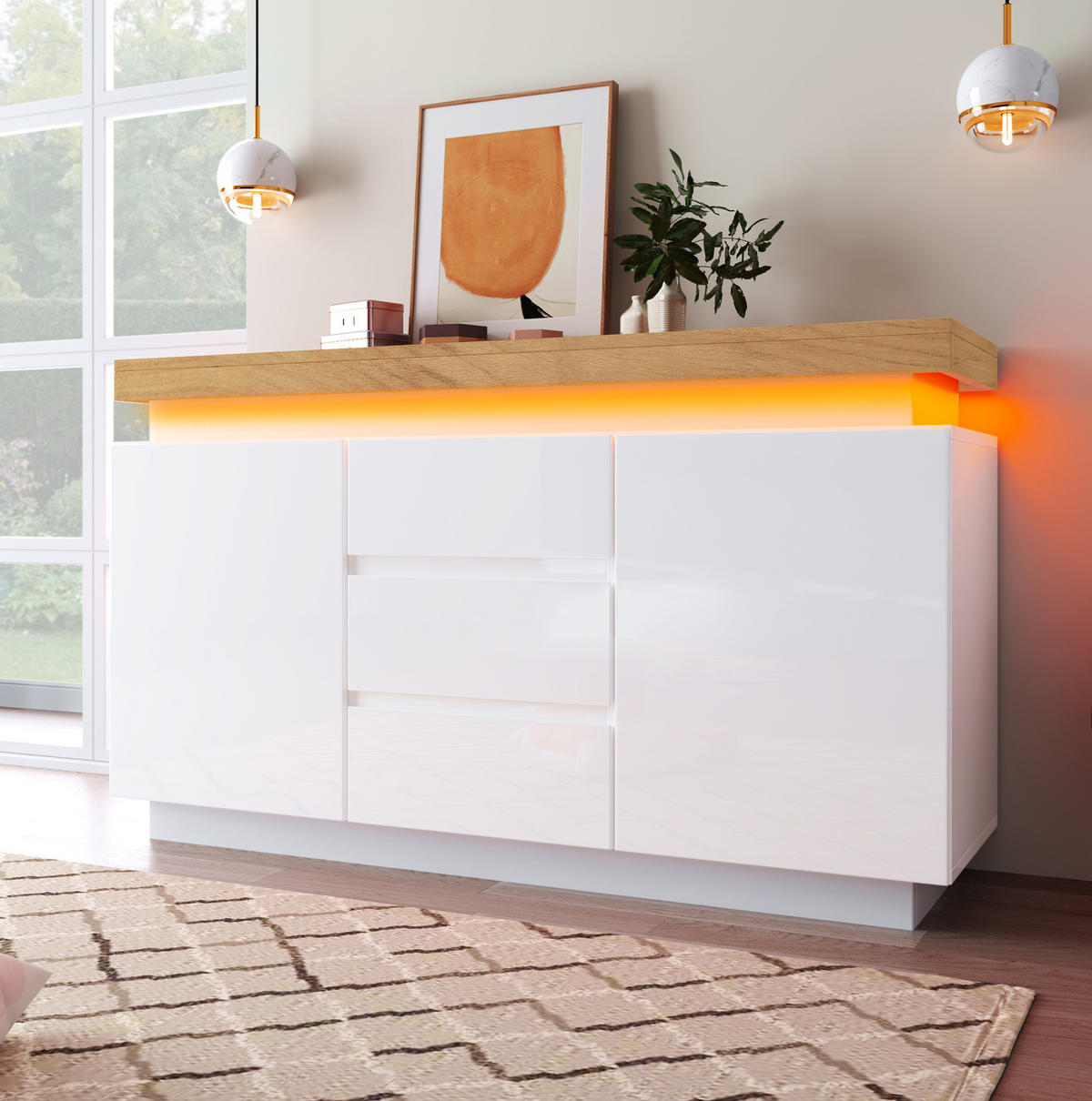 KOMMODE aus Spanplatte und MDF 39x140x81 cm Weiß mit LED-Beleuchtung, 2 Türen, 3 Schubladen und verstellbaren Einlegeböden - Weiß, Holzwerkstoff (140/81/39cm) - Modfu