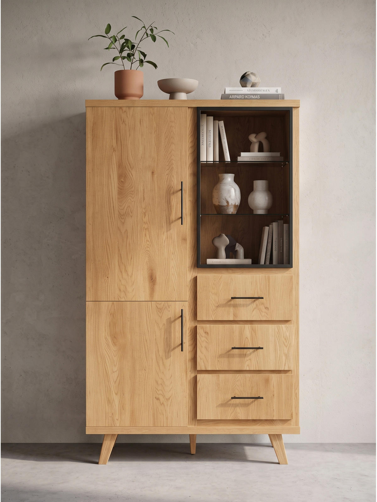 HIGHBOARD BASSANO, MDF, in Eichenoptik, mit Stauraum, 100 x 40 x 188 cm - Hellbraun/Braun, Eichenholz/Holzwerkstoff (100/188/40cm) - KADIMA DESIGN