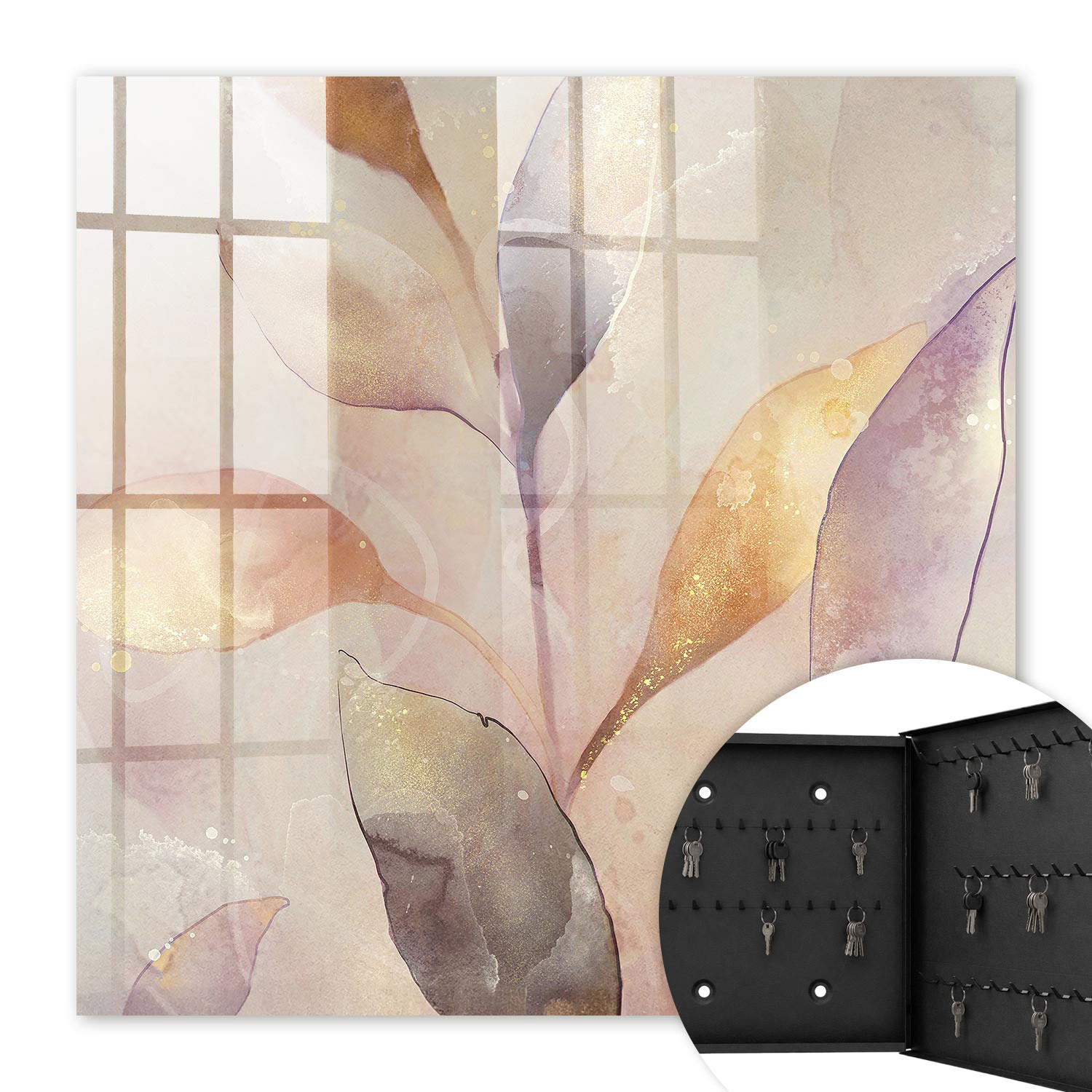 SCHLÜSSELBOX Schwarz 30x30 cm- Türöffnung nach rechts - Pastellfarbene Blätter - Beige, Metall (30/30/5cm) - TULUP