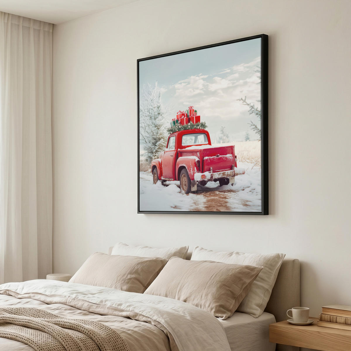 LEINWAND Bilder mit Rahmen - Auto - Rot - Geschenke - Winter - Schnee - Weihnachten - 90x90 - Rot, Textil (90/90cm) - MuchoWow