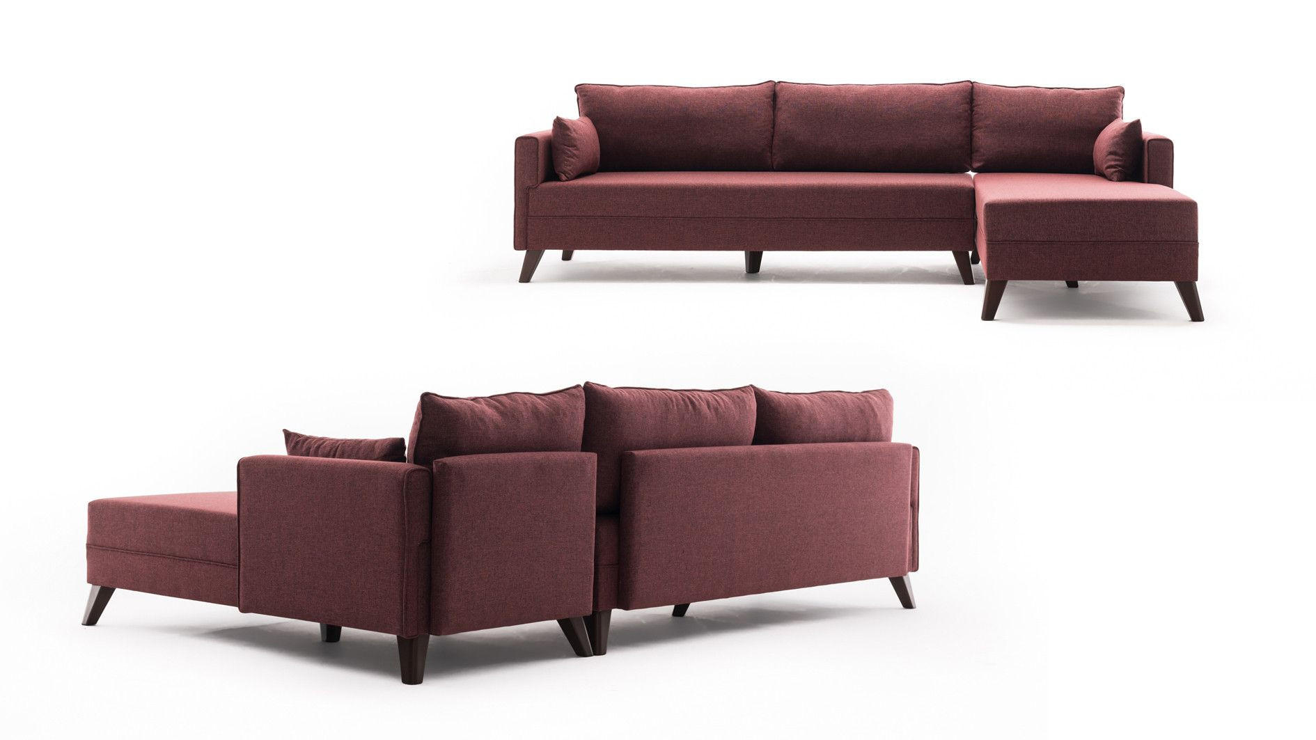 ECKSOFA mit losen Rückenkissen und Schlaffläche - Rot/Walnussfarben, Holz/Kunststoff (165/275cm) - myHomelando