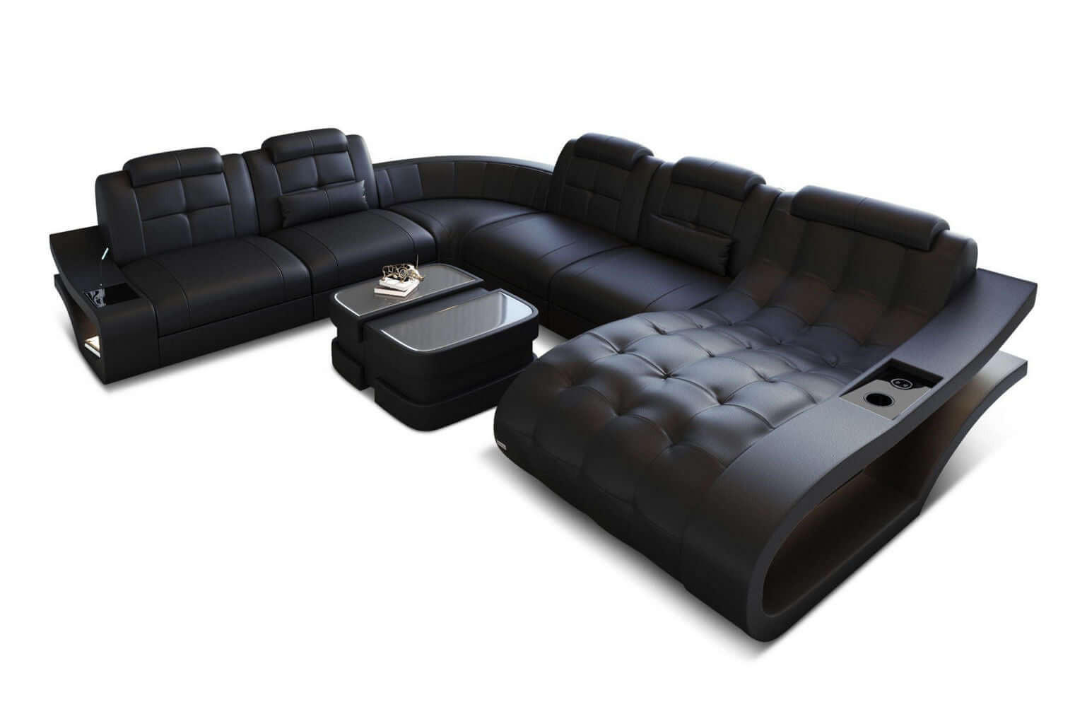 WOHNLANDSCHAFT Elegante Schwarz Büffelleder - Schwarz, Leder (379/91/283cm)