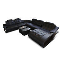 WOHNLANDSCHAFT Elegante Schwarz Büffelleder - Schwarz, Leder (379/91/283cm)