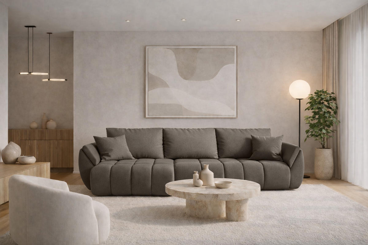 ECKSOFA TOKYO PREMIUM mit Schlaffunktion, Stoff WIND, Stahl, Links - Grau, Holz (280/190cm) - Kaiser Möbel