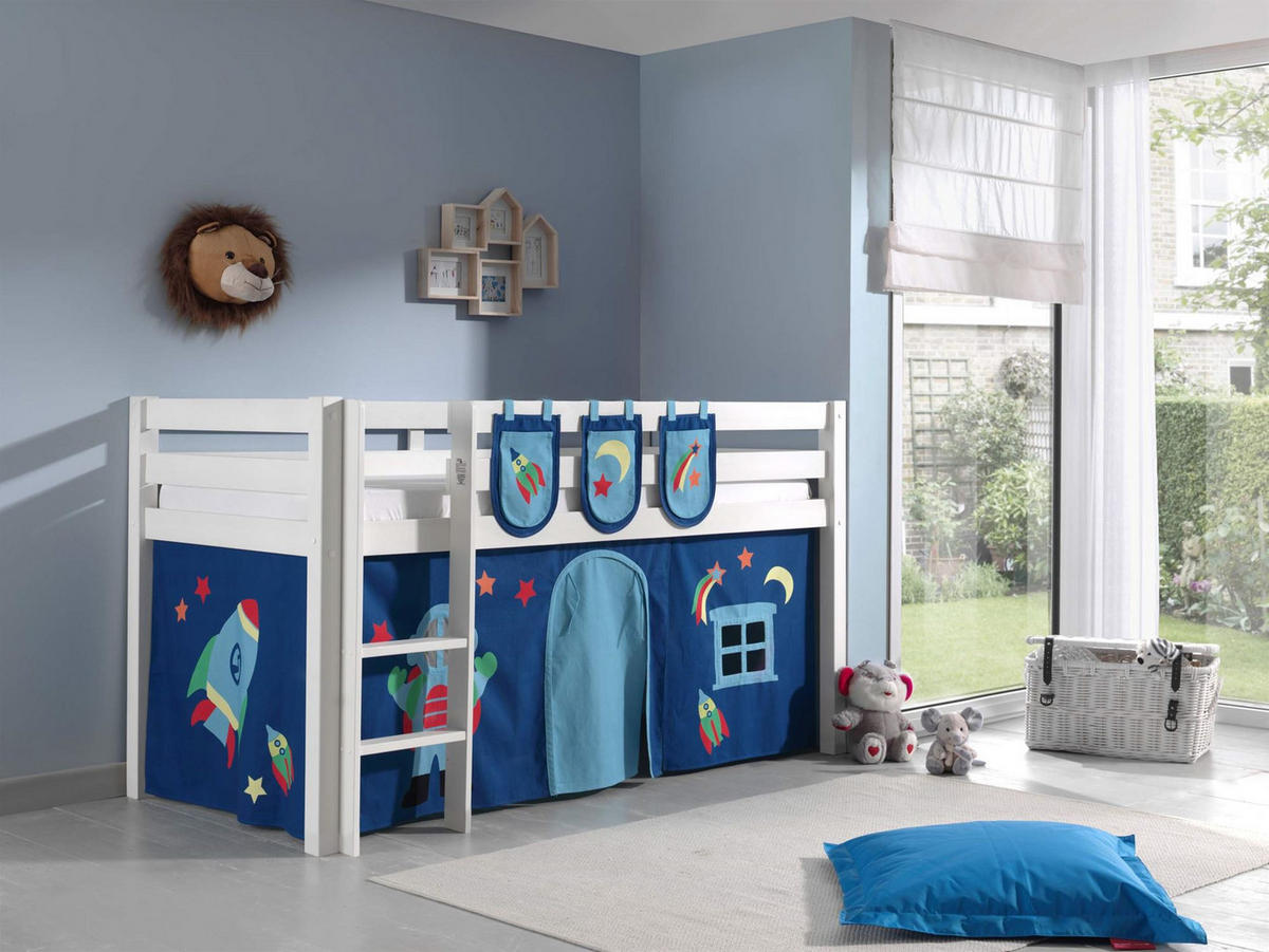 KINDERBETT Karolina 210x114x106 Massivholz Weiß Textilset Astro 3 - Blau/Weiß, Holz (90/200cm) - 58aufmkessel