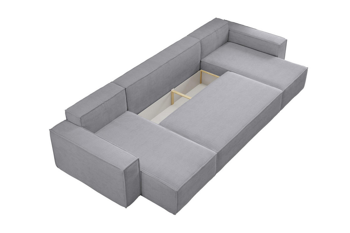 WOHNLANDSCHAFT Hugo U-Form Cordstoff mit Schlaffunktion und Bettkasten - Greige, Textil (312/83/142cm) - VENASI MÖBEL