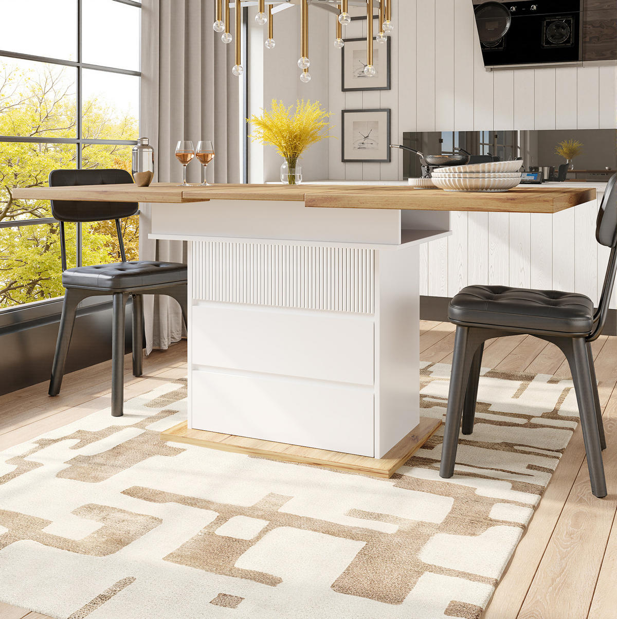 ESSTISCH aus MDF 110-140x80x75 cm Natur/Weiß ausziehbar mit Stauraum und Soft-Close-Klappe - Weiß, Holzwerkstoff (140/80/75cm) - Modfu
