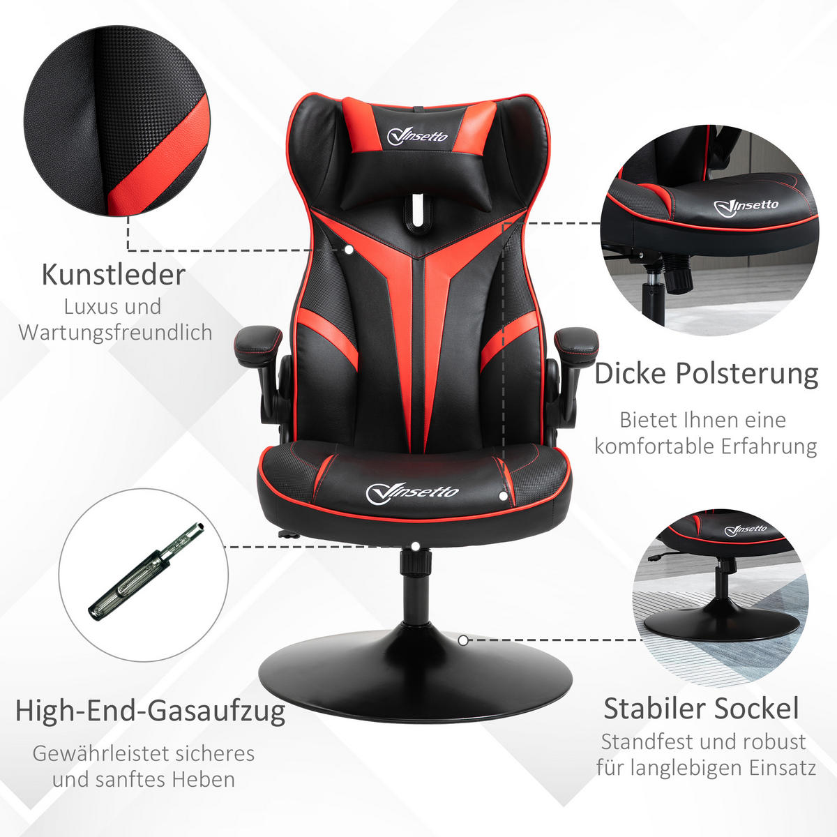 GAMING Stuhl, Drehstuhl, Schwarz+Rot - Rot/Schwarz, Kunststoff (70/112/67cm) - Vinsetto