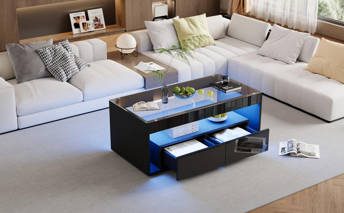 COUCHTISCH in Schwarz Kaffeetisch mit 2 Schubladen und LED-Licht für Wohnzimmer, B100/T50/H40cm - Schwarz, Glas/Holzwerkstoff (50/100/40cm) - STILVORA