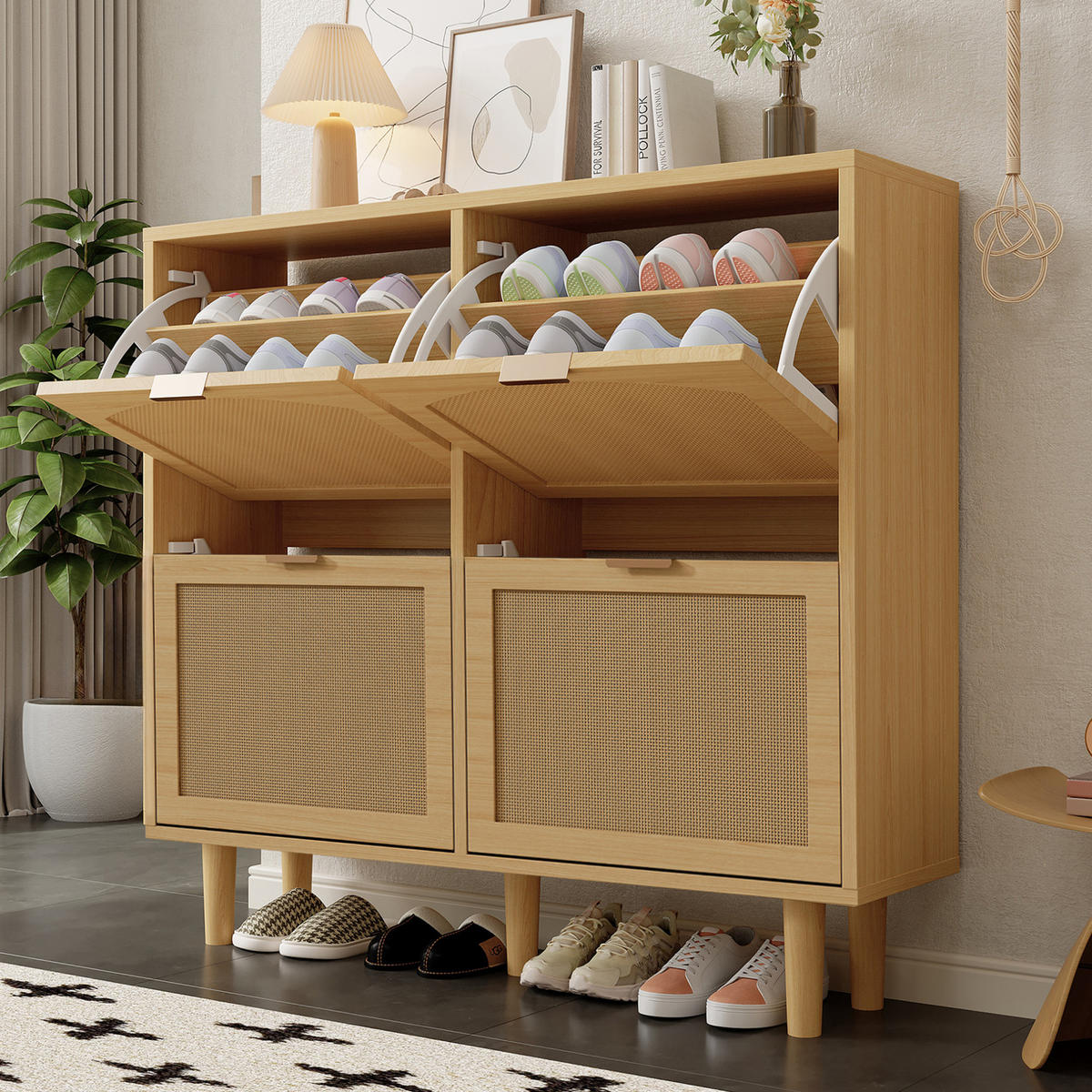 SCHUHSCHRANK 100/25/90 cm in Eichefarben mit 4 Klappen und Rattanfront - Naturfarben, Holzwerkstoff (100/90/25cm) - Flora Grace