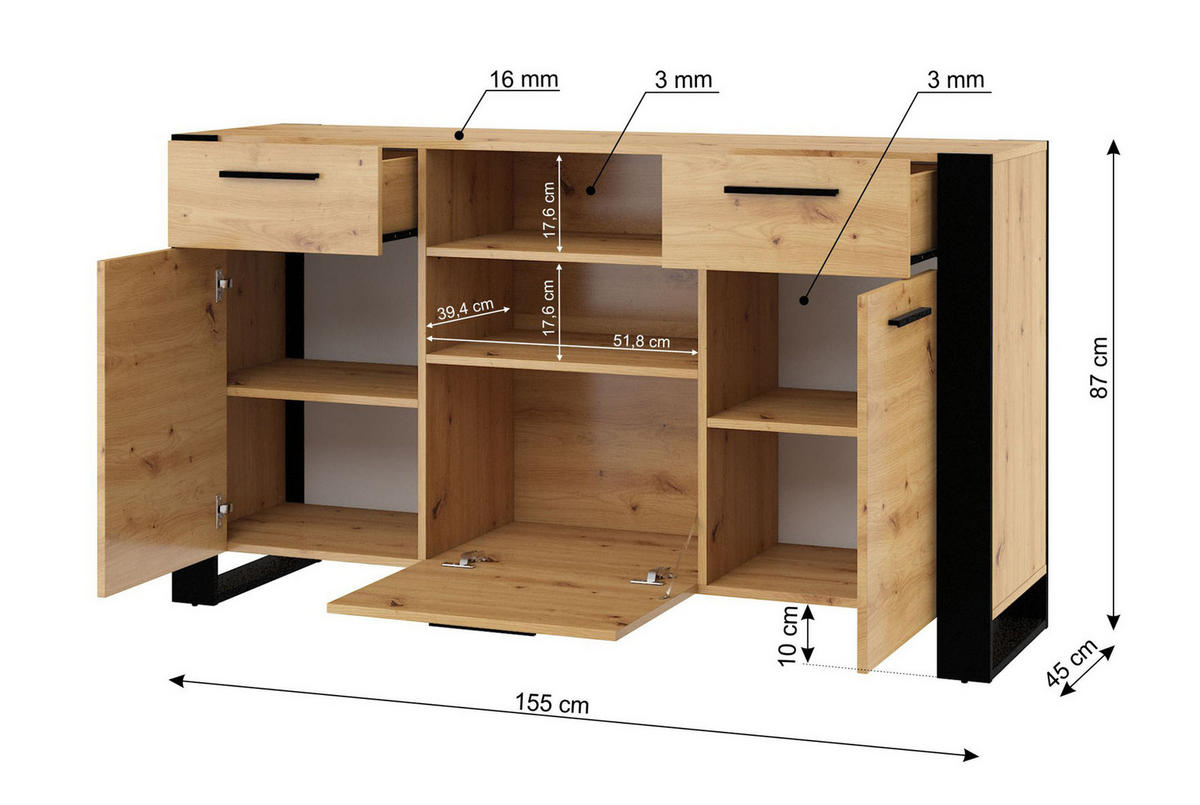 KOMMODE Artisann 155/87/45 - Eiche Artisan, Holzwerkstoff (155/87/45cm) - RAUMHIRSCH FURNITURE