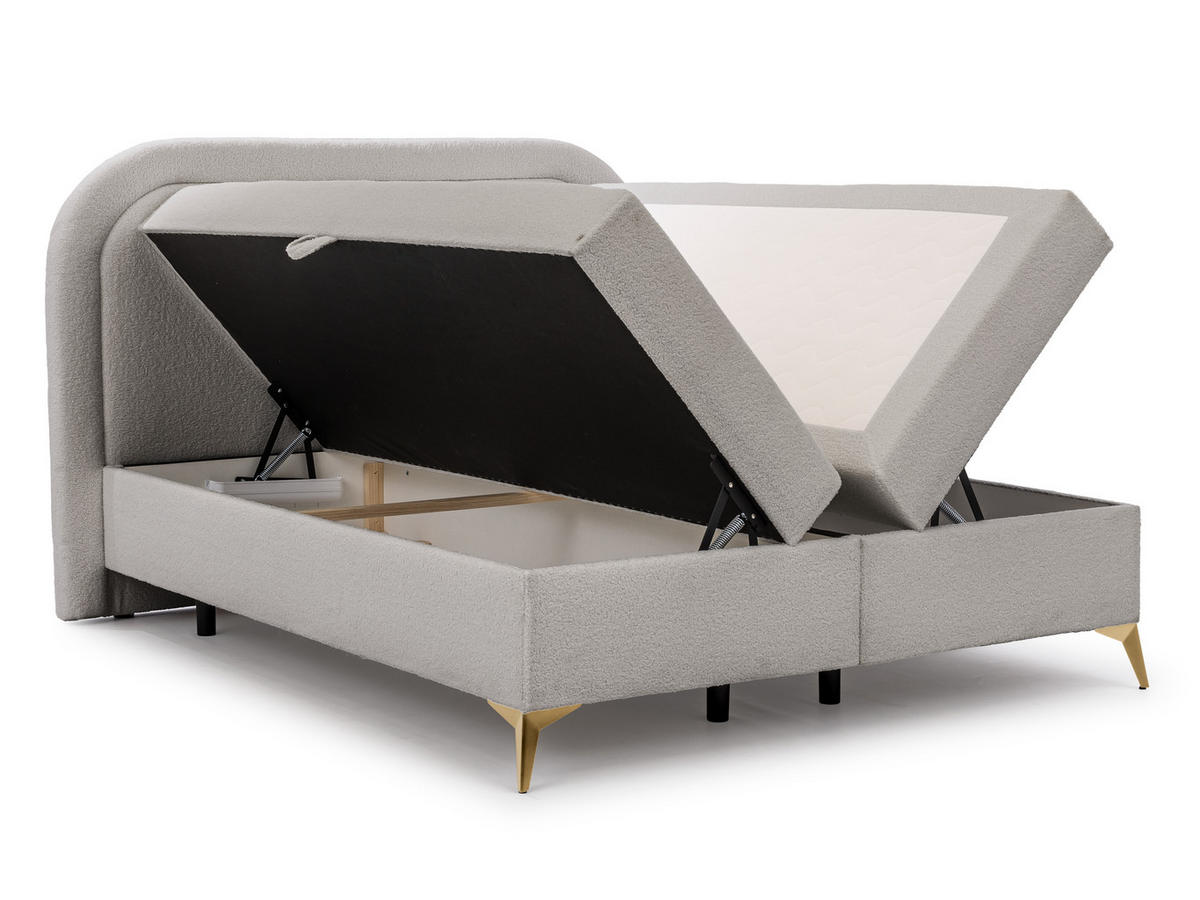 BOXBETT Sonna 140/200 cm Hellgrau Bouclé-Stoff mit abgerundetem Kopfteil und mit goldenen Metallfüßen - Goldfarben/Hellgrau, Holz/Textil (140/200cm) - S-Style Möbel
