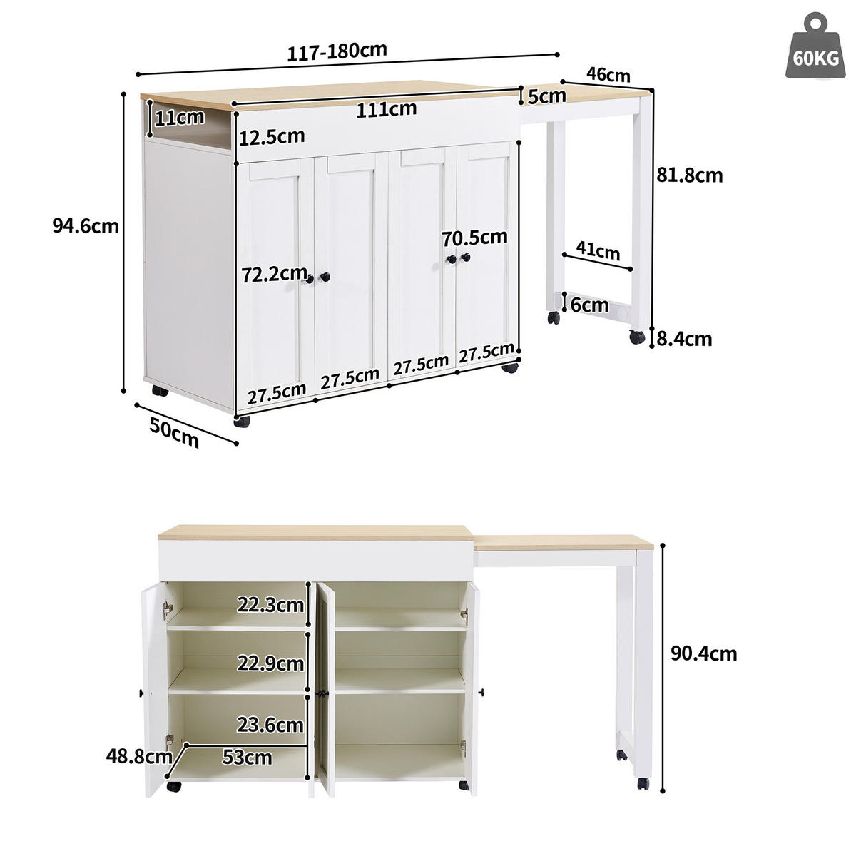 BARTISCH aus MDF, ausziehbar 117-180/50/94,6 cm mit 6 Ablagefächern, Weiß - Weiß, Holzwerkstoff (50/94.6/117cm) - Redom