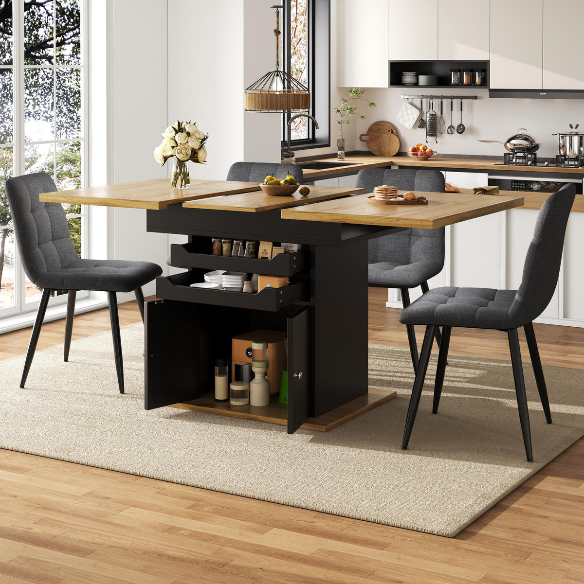 ESSTISCH 110-140/80/76 cm ausziehbar mit Stauraum, 2 Schubladen und Schrank, Schwarz - Schwarz, Holzwerkstoff (110/80/76cm) - Redom