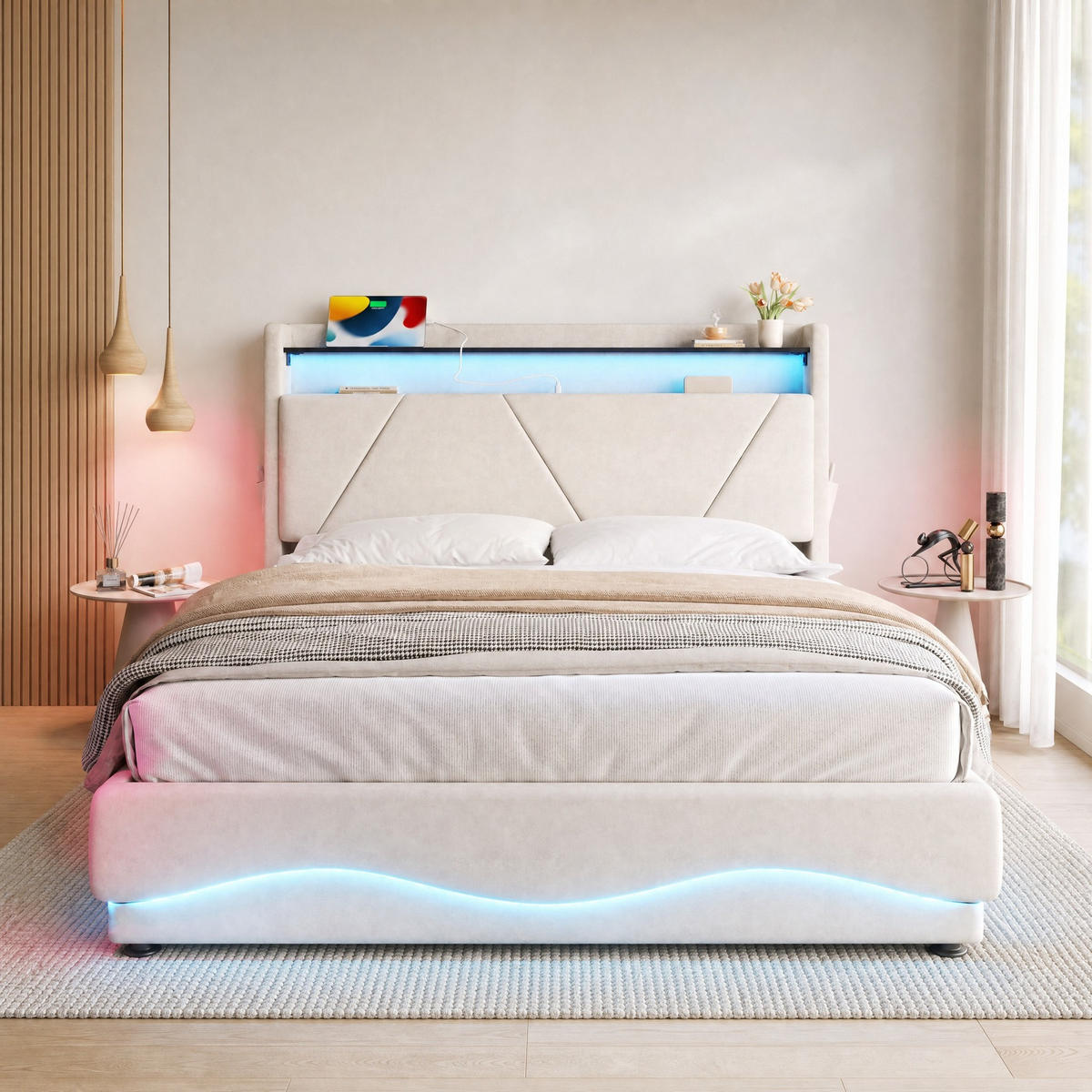 POLSTERBETT 140/200 mit LED, USB Type-C, Gasdruck-Lattenrost und Kopfteilablagen mit Stauraum - Dunkelgrau, Holzwerkstoff/Textil (140/200cm) - EVRYAE
