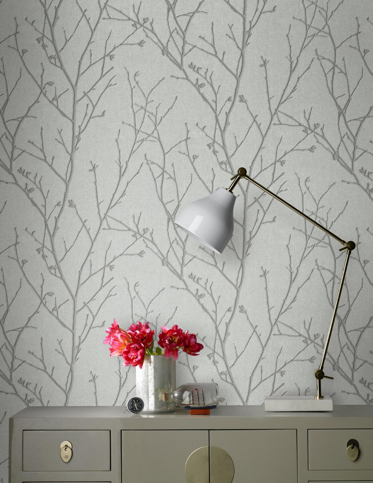 VLIESTAPETE Wasser Seide Sprig - Silberfarben, Papier/Kunststoff (52/1005cm) - Boutique