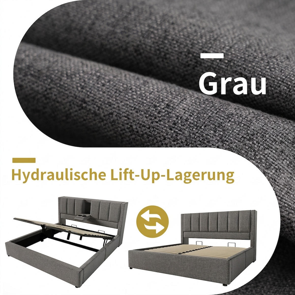 POLSTERBETT 160/200 cm Grau mit verstecktem Becherhalter und Ladestation (Ohne Matratze) - Grau, Textil (160/200cm) - Oxeza