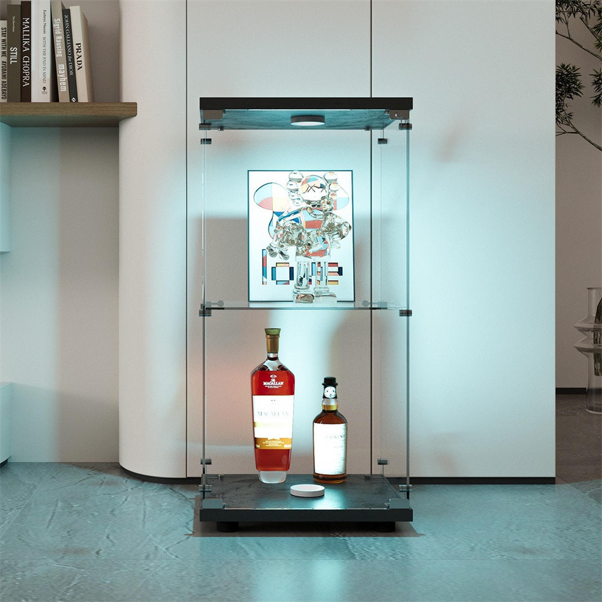 VITRINE - Glasvitrine mit 1 Tür und 2 Ebenen - integrierte LED-Spot-Beleuchtung - Schwarze Decken- und Bodenplatte - Schwarz, Glas (40.35/86.2/36.5cm) - DELFA