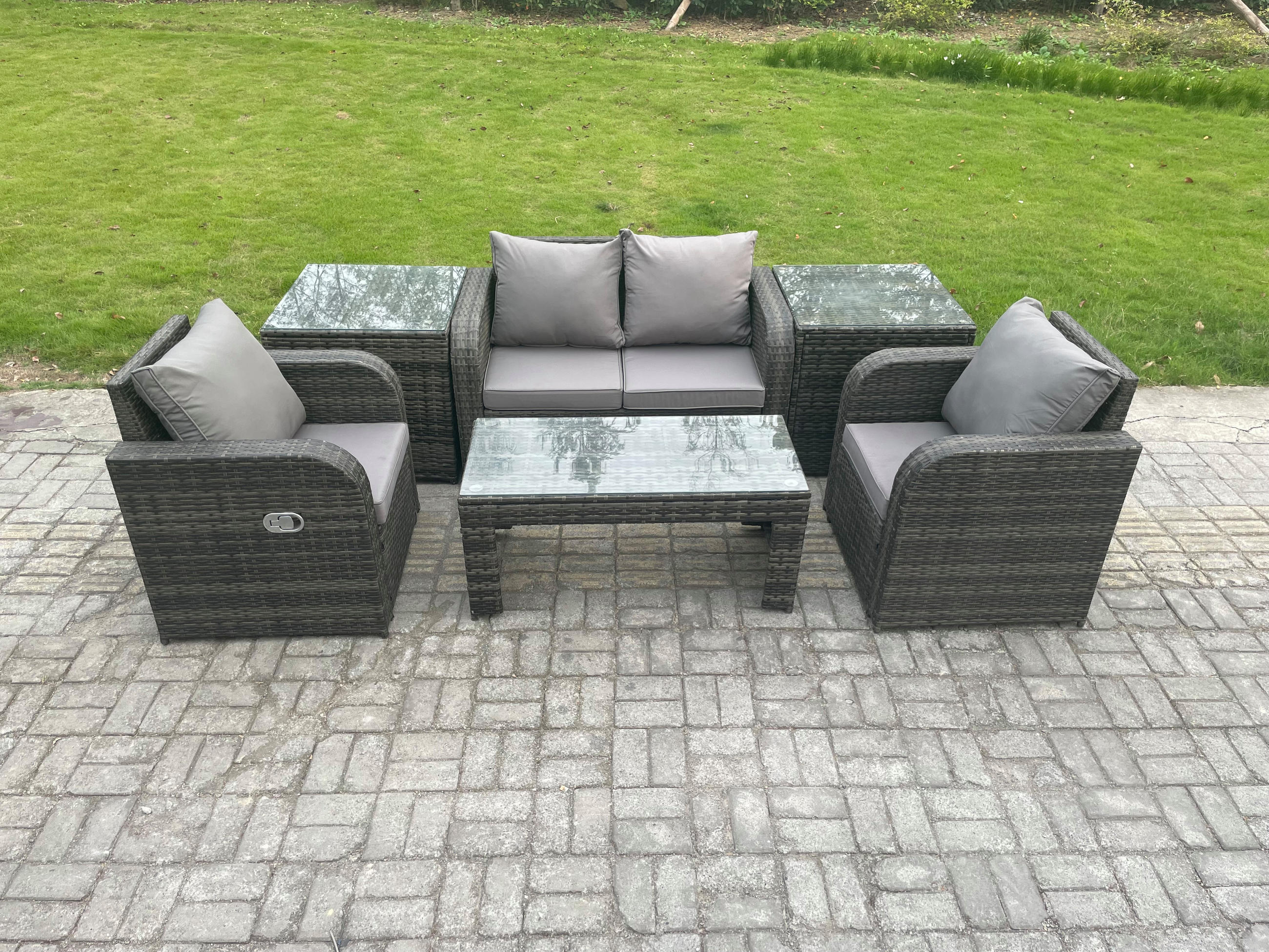 GARTENSOFA SET mit COUCHTISCH Polyrattan 4-Sitzer - Dunkelgrau/Grau, Glas/Kunststoff - Fimous