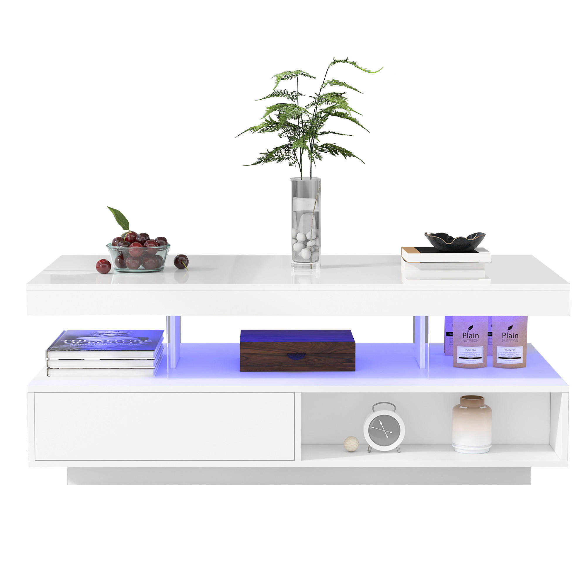 STILVORA KONFERENČNÍ stůl Bílý s vysokým leskem, 2 zásuvkami a otevřenými policemi do obývacího pokoje, 95×50×42,5 cm