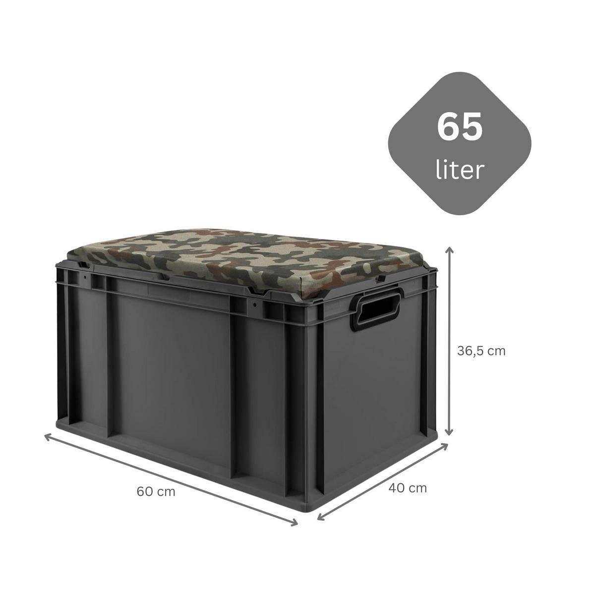 EUROBOX NextGen Seat Box Camouflage, HxBxT 36,5x40x60cm, 65 Liter, Griffe offen, Schwarz - Schwarz, Kunststoff (40/36.5/60cm) - PROREGAL