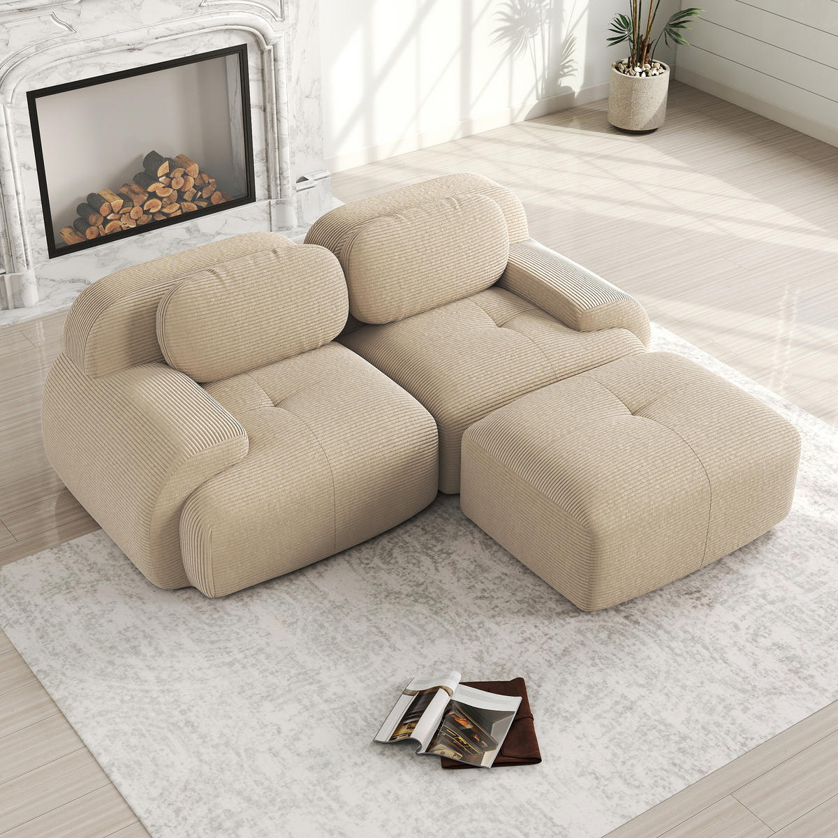 ECKSOFA Cord Beige mit Ottomane - Beige, Textil (208/178cm) - WISHDOR