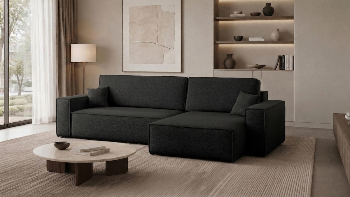 ECKSOFA Mit Schlaffunktion Und Bettkasten, Eckcouch Best XL Stoff Verita Schwarz Rechts - Schwarz, Holz (274/145cm) - Kaiser Möbel