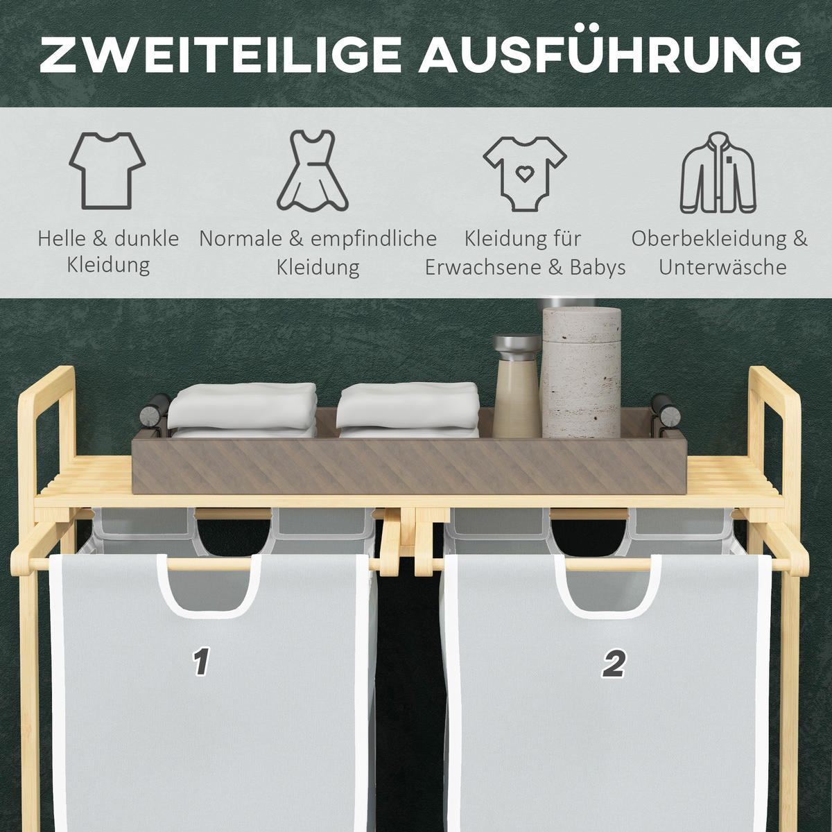 WÄSCHEKORB Bambus Polyester Natur+Creme - Creme/Naturfarben, Naturmaterialien (33/73/63.5cm) - HOMCOM
