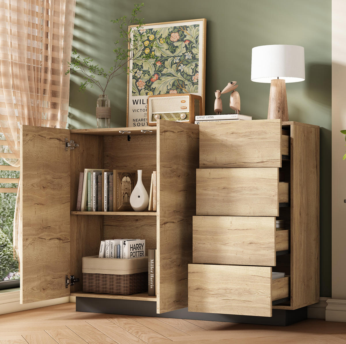 SIDEBOARD 120/35,5/90,5 cm aus Spanplatte mit 4 Schubladen und 2 Türen Schwarz/Natur - Naturfarben, Holzwerkstoff (120/90.5/35.5cm) - Modenvie