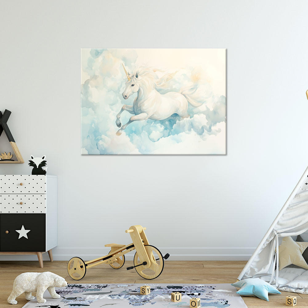 WANDBILD für kinderzimmer einhorn in blauen wolken - Blau, Textil (60/40cm) - Feeby