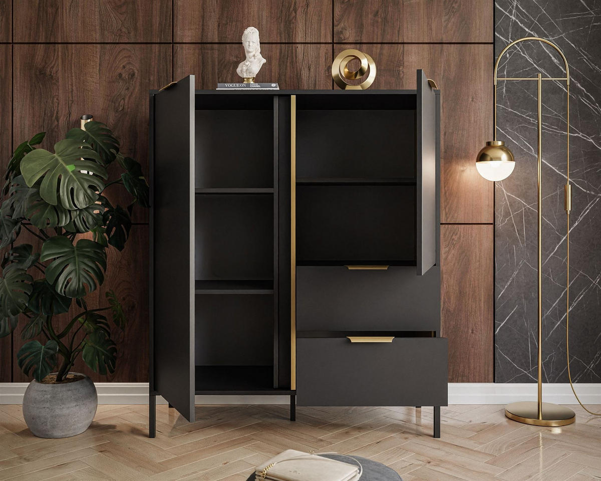 KOMMODE LARETTO 2D2S anthrazit - Schwarz, Holzwerkstoff (103/123.4/40cm) - Lookway