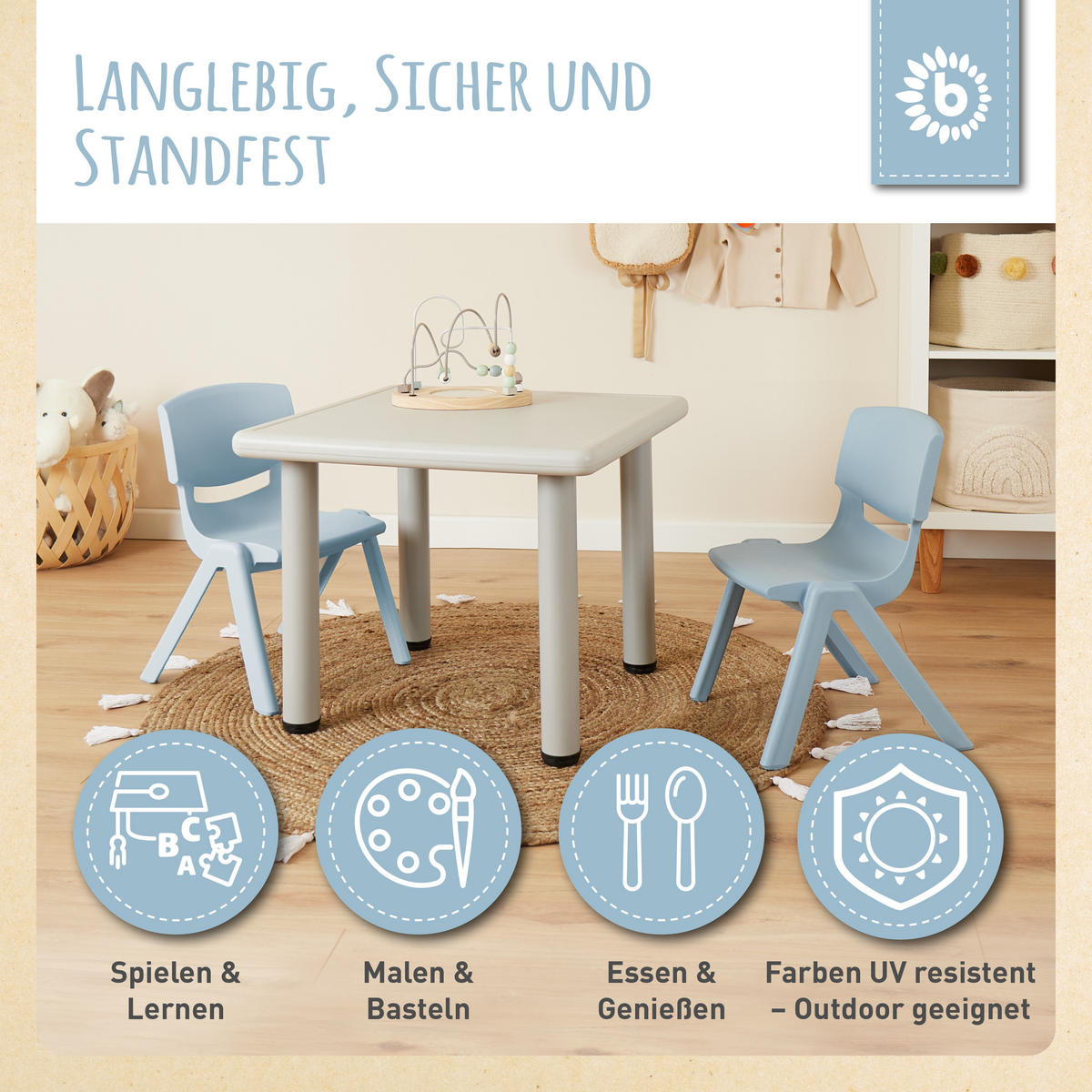KINDERTISCH mit 2 Stühlen stapelbar - Hellblau, Kunststoff (62/52/62cm) - Bieco Spielwaren