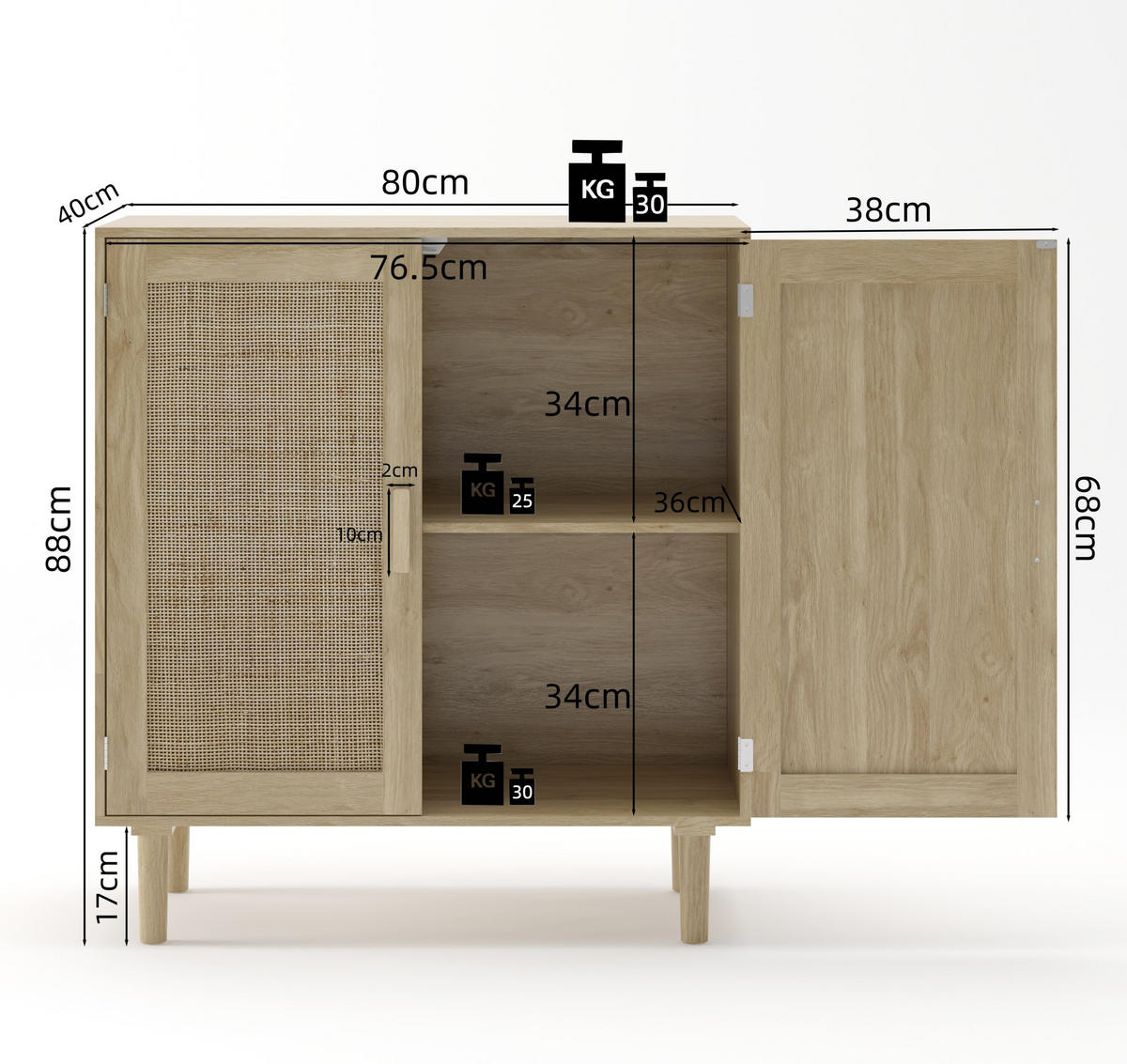 SIDEBOARD 80/40/88 cm natur aus MDF mit Rattanfronten und 2 Türen - Naturfarben, Holzwerkstoff (80/88/40cm) - OKWISH