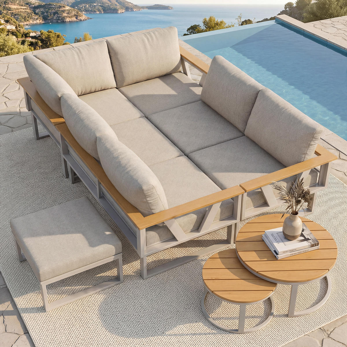 LOUNGESITZSET, 2er-Set, Verstellbare Füße, Metallbasis, Beige - Beige, Metall - FLIEKS