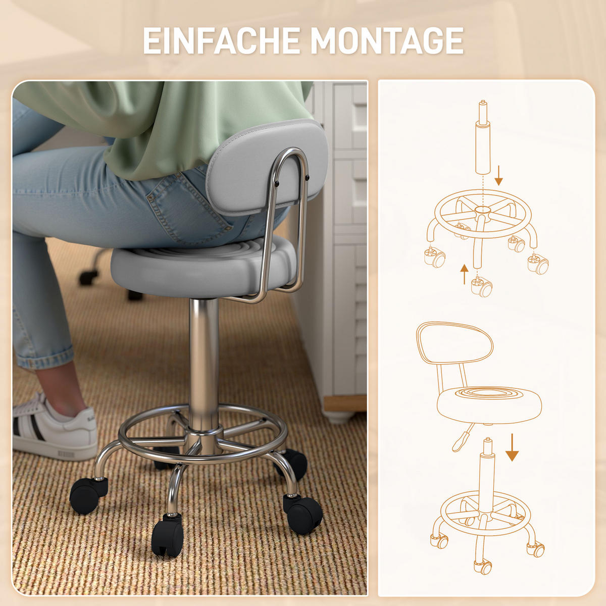 ROLLHOCKER höhenverstellbar Drehhocker Drehbar Salon Hocker mit Lehne, Rädern - Silberfarben/Grau, Kunststoff/Textil (32/86/40cm) - HOMCOM